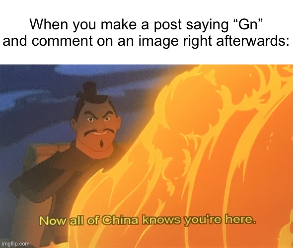All of china | When you make a post saying “Gn” and comment on an image right afterwards: | image tagged in all of china | made w/ Imgflip meme maker