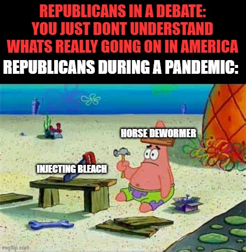 The elephant in the room | REPUBLICANS IN A DEBATE: YOU JUST DONT UNDERSTAND WHATS REALLY GOING ON IN AMERICA; REPUBLICANS DURING A PANDEMIC:; HORSE DEWORMER; INJECTING BLEACH | image tagged in republicans,not smart,patrick star | made w/ Imgflip meme maker
