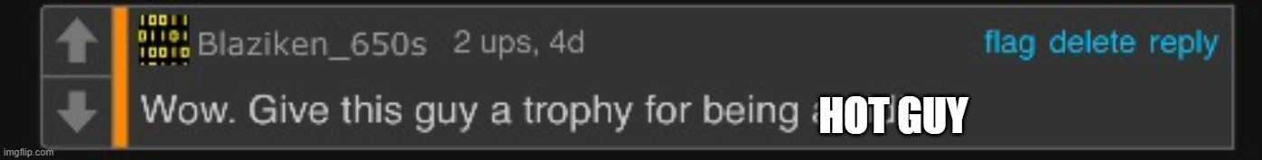 Wow. Give this guy a trophy for being an idiot | HOT GUY | image tagged in wow give this guy a trophy for being an idiot | made w/ Imgflip meme maker