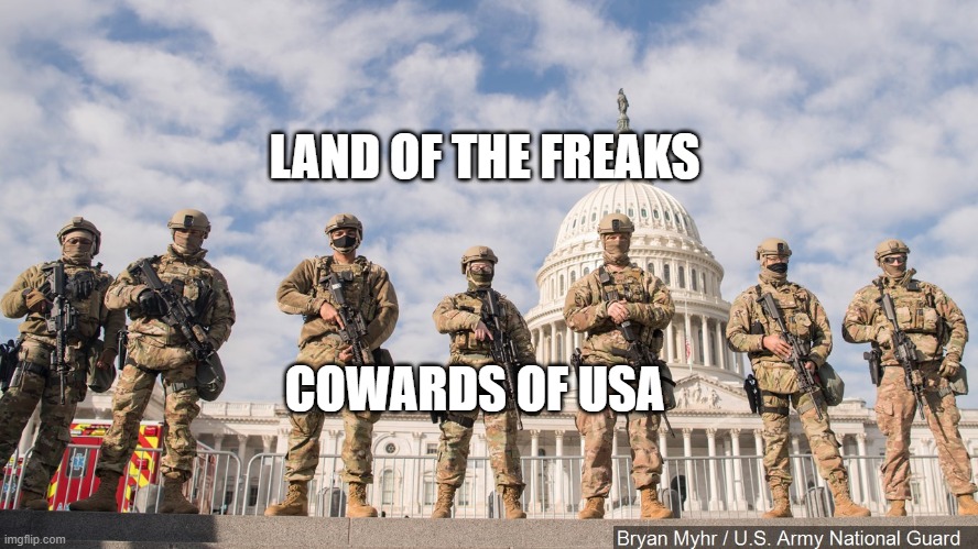 National Guard Capitol 2021 | LAND OF THE FREAKS; COWARDS OF USA | image tagged in national guard capitol 2021 | made w/ Imgflip meme maker