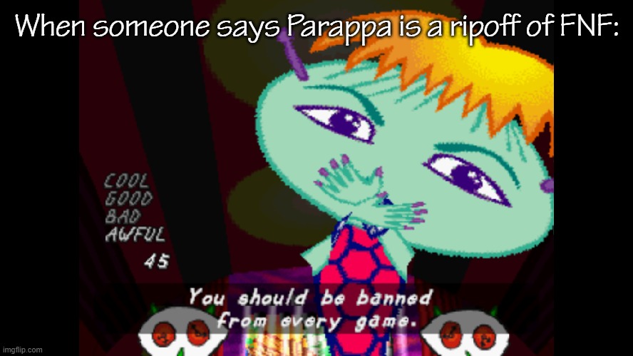 bruh no, Parappa came first | When someone says Parappa is a ripoff of FNF: | image tagged in you should be banned from every game,parappa,fnf,mildly infuriating,ripoff,oh wow are you actually reading these tags | made w/ Imgflip meme maker