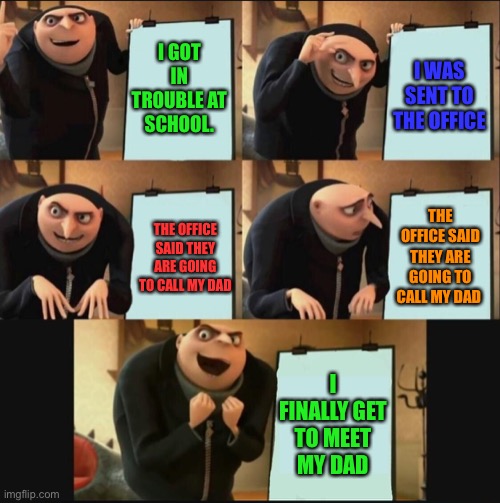 5 panel gru meme | I GOT IN TROUBLE AT SCHOOL. I WAS SENT TO THE OFFICE; THE OFFICE SAID THEY ARE GOING TO CALL MY DAD; THE OFFICE SAID THEY ARE GOING TO CALL MY DAD; I FINALLY GET TO MEET MY DAD | image tagged in 5 panel gru meme | made w/ Imgflip meme maker