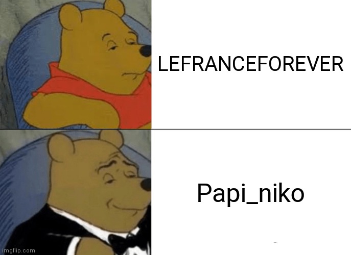 Yes I changed my username so if there's any mistake just know papi_niko is my new username | LEFRANCEFOREVER; Papi_niko | image tagged in memes,tuxedo winnie the pooh | made w/ Imgflip meme maker