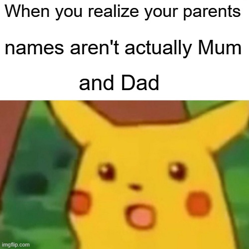 Oh no | When you realize your parents; names aren't actually Mum; and Dad | image tagged in memes,surprised pikachu | made w/ Imgflip meme maker