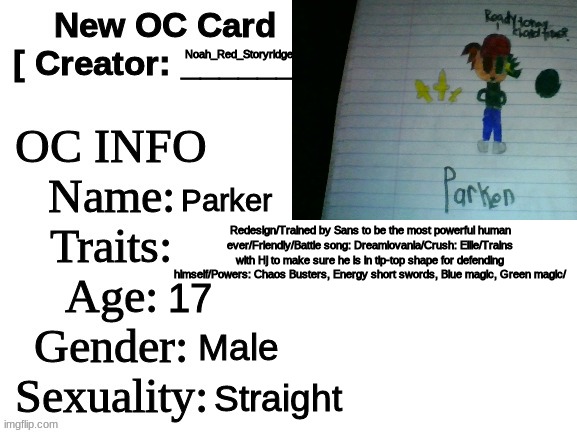 Parker's Redesign :D | Noah_Red_Storyridge; Parker; Redesign/Trained by Sans to be the most powerful human ever/Friendly/Battle song: Dreamlovania/Crush: Ellie/Trains with Hj to make sure he is in tip-top shape for defending himself/Powers: Chaos Busters, Energy short swords, Blue magic, Green magic/; 17; Male; Straight | image tagged in undertale | made w/ Imgflip meme maker