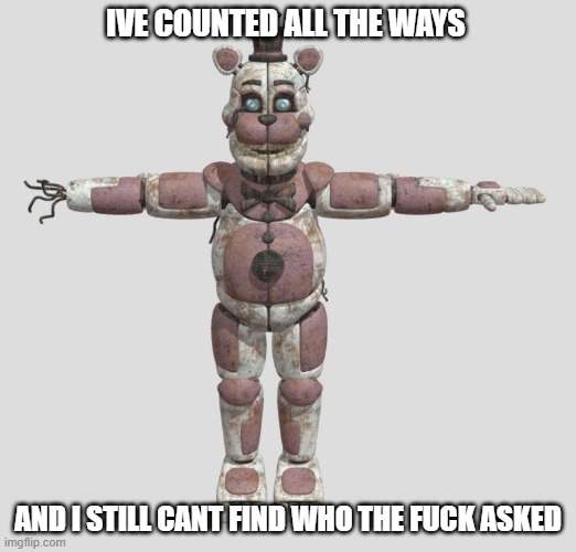 :) | IVE COUNTED ALL THE WAYS; AND I STILL CANT FIND WHO THE FUCK ASKED | image tagged in who asked,see no one cares,fnaf,funtime freddy | made w/ Imgflip meme maker