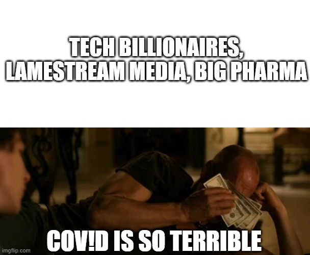 Wipe away the tears with those Benjamins |  TECH BILLIONAIRES, LAMESTREAM MEDIA, BIG PHARMA; COV!D IS SO TERRIBLE | image tagged in tallahassee crying with money,money | made w/ Imgflip meme maker