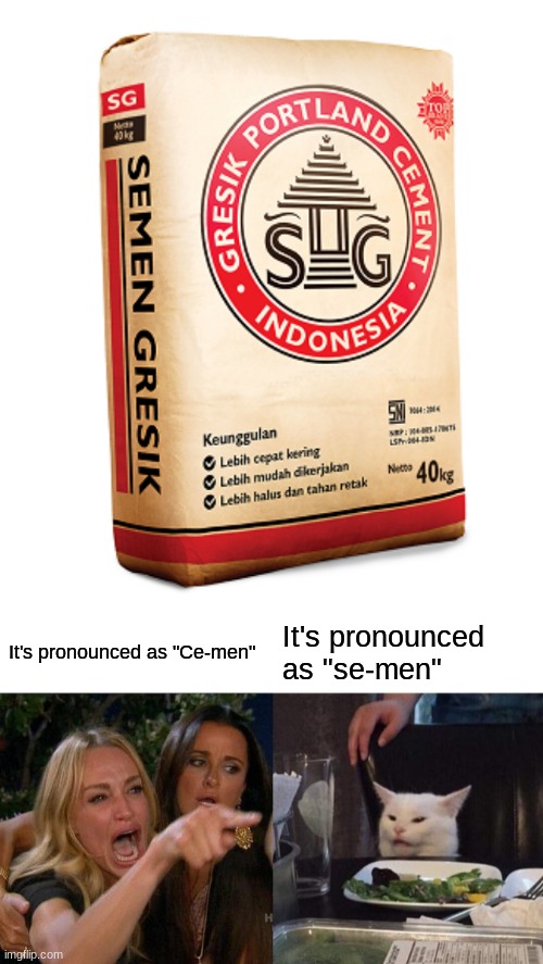 Me trying to pronounce Indonesian words | It's pronounced as "Ce-men"; It's pronounced as "se-men" | image tagged in memes,woman yelling at cat,pronunciation,speaking | made w/ Imgflip meme maker