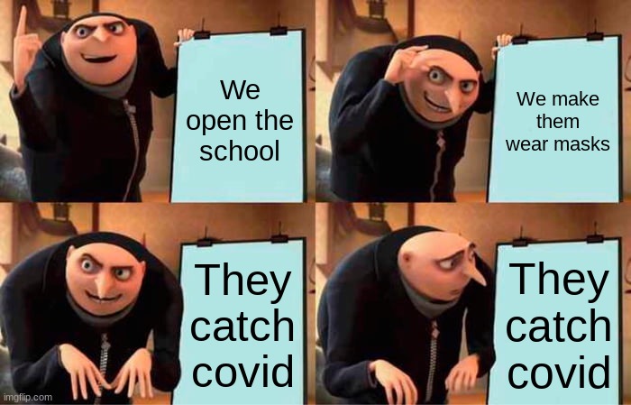 Gru's Plan | We open the school; We make them wear masks; They catch covid; They catch covid | image tagged in memes,gru's plan | made w/ Imgflip meme maker