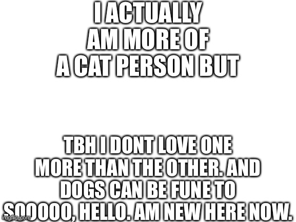 hello i come in pieces | I ACTUALLY AM MORE OF A CAT PERSON BUT; TBH I DONT LOVE ONE MORE THAN THE OTHER. AND DOGS CAN BE FUNE TO SOOOOO, HELLO. AM NEW HERE NOW. | image tagged in hi,bork | made w/ Imgflip meme maker