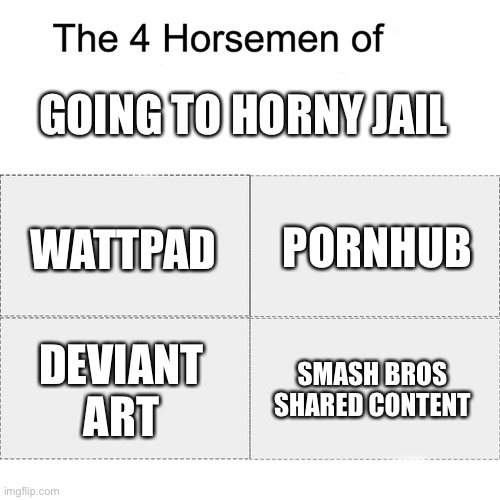 Begone simps | GOING TO HORNY JAIL; PORNHUB; WATTPAD; DEVIANT ART; SMASH BROS SHARED CONTENT | image tagged in the four horse men | made w/ Imgflip meme maker