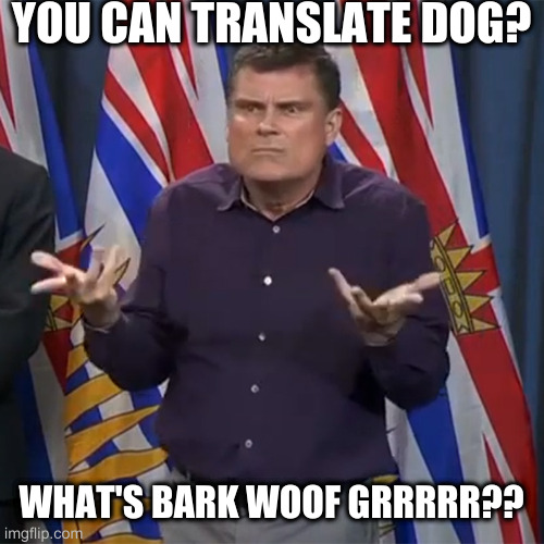 stoned questions #1. To the city of nvan: | YOU CAN TRANSLATE DOG? WHAT'S BARK WOOF GRRRRR?? | image tagged in dunno,local yokel | made w/ Imgflip meme maker