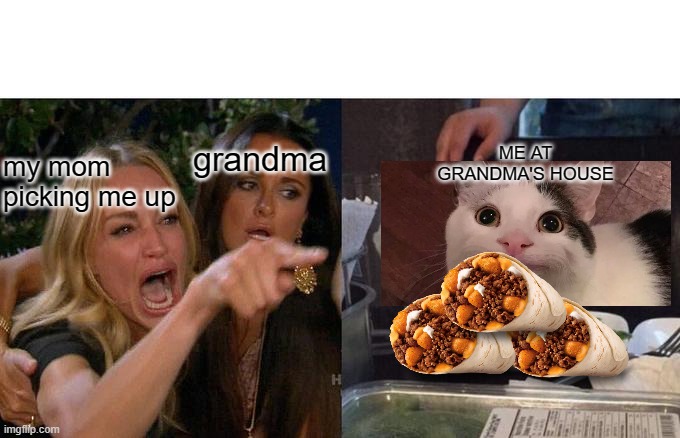 Woman Yelling At Cat Meme | my mom picking me up grandma ME AT GRANDMA'S HOUSE | image tagged in memes,woman yelling at cat | made w/ Imgflip meme maker