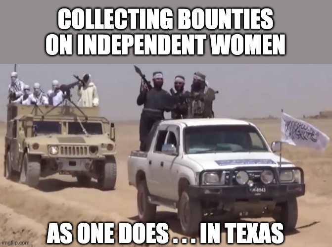 Nothing wrong with criminalizing 24% of American women, right? | COLLECTING BOUNTIES ON INDEPENDENT WOMEN; AS ONE DOES . . . IN TEXAS | image tagged in women,abortion,freedom,taliban | made w/ Imgflip meme maker