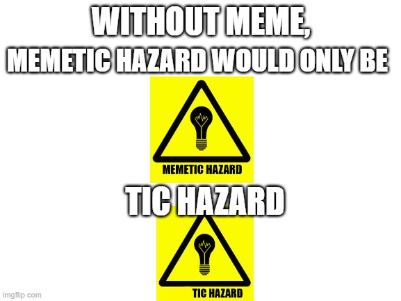 memetic hazard | MEMETIC HAZARD WOULD ONLY BE; WITHOUT MEME, TIC HAZARD | image tagged in blank white template | made w/ Imgflip meme maker