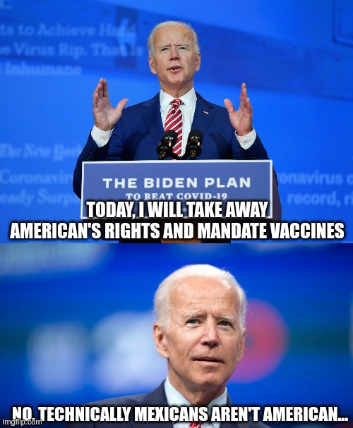 Inconvenient |  TODAY, I WILL TAKE AWAY AMERICAN'S RIGHTS AND MANDATE VACCINES; NO, TECHNICALLY MEXICANS AREN'T AMERICAN... | image tagged in biden's mandate,vaccines,vaccine passport | made w/ Imgflip meme maker