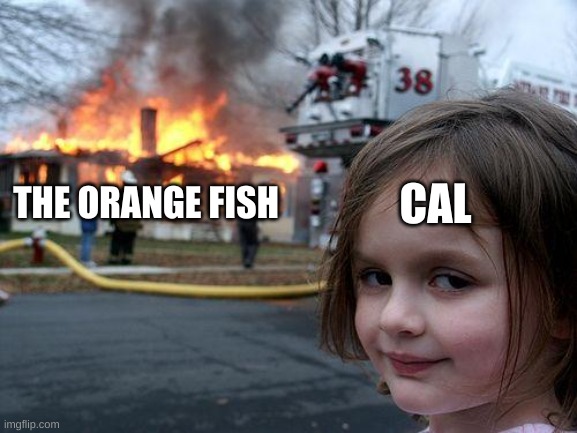 Cal smp memes | THE ORANGE FISH; CAL | image tagged in memes,disaster girl | made w/ Imgflip meme maker