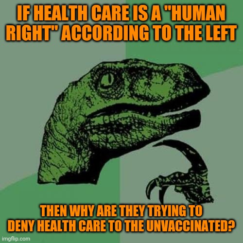 Philosoraptor | IF HEALTH CARE IS A "HUMAN RIGHT" ACCORDING TO THE LEFT; THEN WHY ARE THEY TRYING TO DENY HEALTH CARE TO THE UNVACCINATED? | image tagged in memes,philosoraptor | made w/ Imgflip meme maker