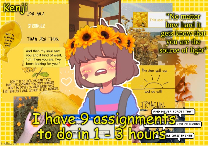 and i have to watch videos that i cant skip | I have 9 assignments to do in 1 - 3 hours | image tagged in frisk | made w/ Imgflip meme maker