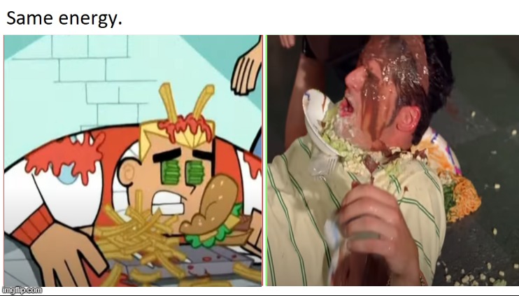 Dash and Flash covered in food | image tagged in same energy,danny phantom,flash,spider-man,spiderman,bullies | made w/ Imgflip meme maker