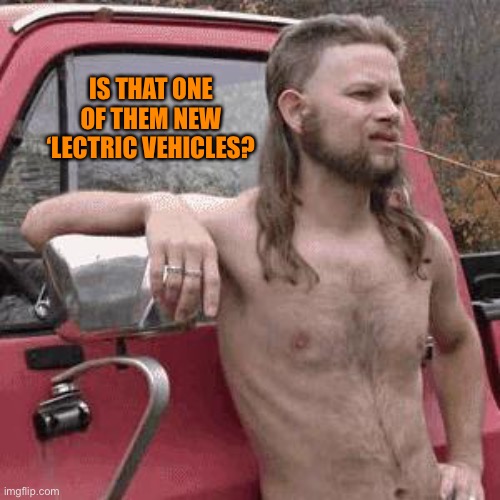 almost redneck | IS THAT ONE OF THEM NEW ‘LECTRIC VEHICLES? | image tagged in almost redneck | made w/ Imgflip meme maker