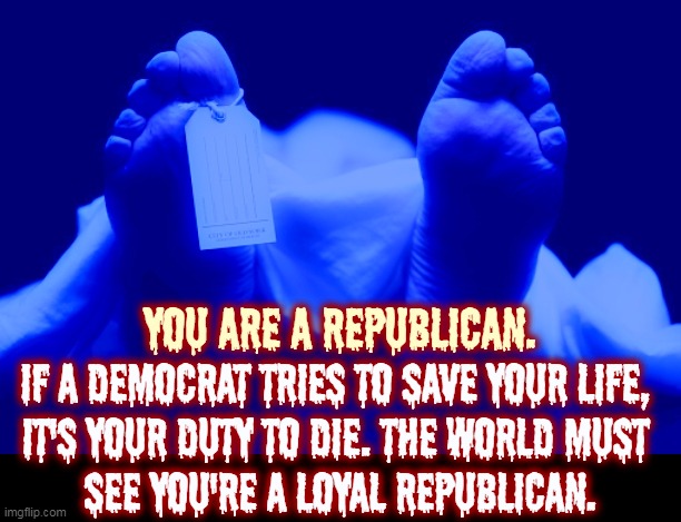 First things first. | YOU ARE A REPUBLICAN. IF A DEMOCRAT TRIES TO SAVE YOUR LIFE, 

IT'S YOUR DUTY TO DIE. THE WORLD MUST 
SEE YOU'RE A LOYAL REPUBLICAN. | image tagged in republican,anti vax,crazy,die | made w/ Imgflip meme maker