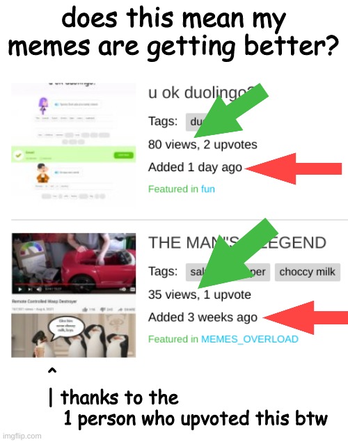memes? | does this mean my memes are getting better? ^
| thanks to the 
   1 person who upvoted this btw | image tagged in not a meme | made w/ Imgflip meme maker