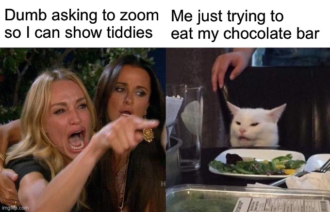 ;-; | Dumb asking to zoom so I can show tiddies; Me just trying to eat my chocolate bar | image tagged in memes,woman yelling at cat | made w/ Imgflip meme maker