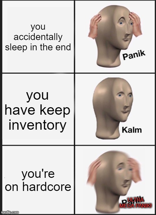 why do you set on hardcore?? | you accidentally sleep in the end; you have keep inventory; you're on hardcore; ULTRA MEGA PANIK! | image tagged in memes,panik kalm panik | made w/ Imgflip meme maker