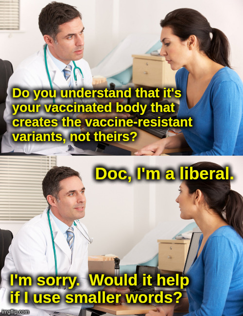 Vaccine Doctor | Do you understand that it's
your vaccinated body that
creates the vaccine-resistant
variants, not theirs? Doc, I'm a liberal. I'm sorry.  Would it help
if I use smaller words? | image tagged in vaccine,covid,liberals,doctor,patient | made w/ Imgflip meme maker
