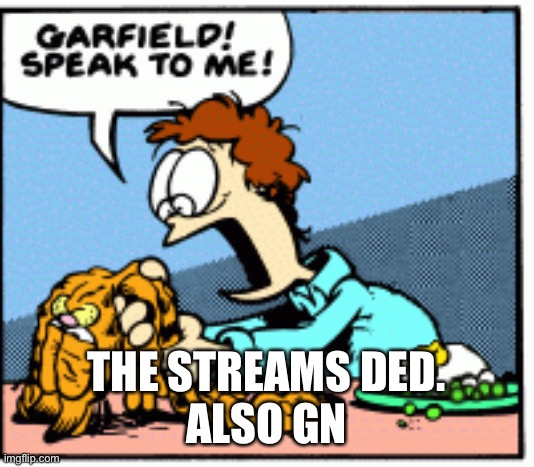 Garfield speak to me! | THE STREAMS DED.
ALSO GN | image tagged in garfield speak to me | made w/ Imgflip meme maker