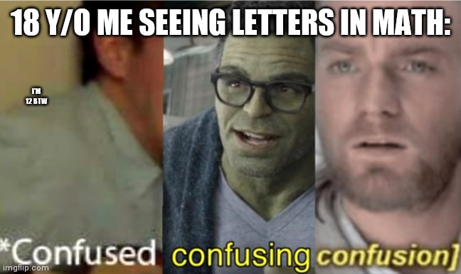 confused confusing confusion | 18 Y/O ME SEEING LETTERS IN MATH: I'M 12 BTW | image tagged in confused confusing confusion | made w/ Imgflip meme maker