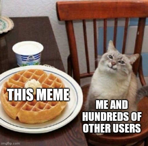 Cat likes their waffle | THIS MEME ME AND HUNDREDS OF OTHER USERS | image tagged in cat likes their waffle | made w/ Imgflip meme maker