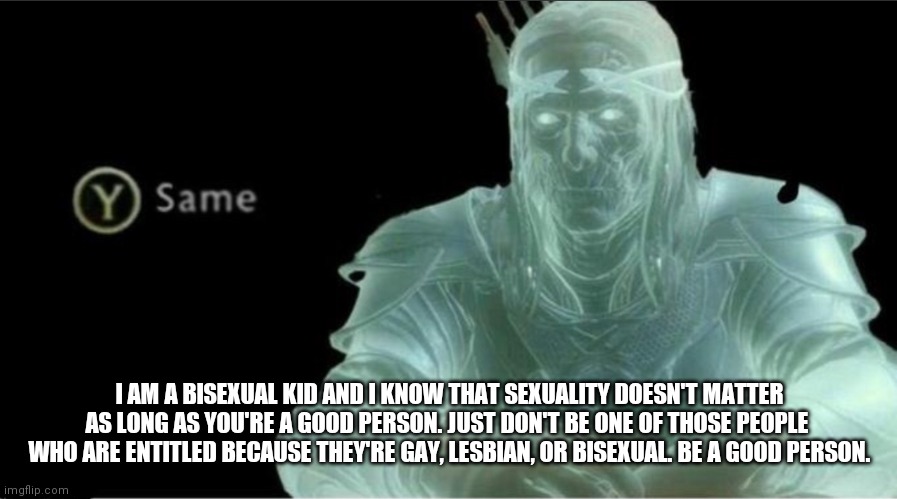 Y same better | I AM A BISEXUAL KID AND I KNOW THAT SEXUALITY DOESN'T MATTER AS LONG AS YOU'RE A GOOD PERSON. JUST DON'T BE ONE OF THOSE PEOPLE  WHO ARE ENT | image tagged in y same better | made w/ Imgflip meme maker