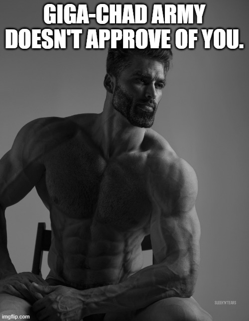 Giga Chad | GIGA-CHAD ARMY DOESN'T APPROVE OF YOU. | image tagged in giga chad | made w/ Imgflip meme maker