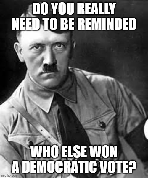 Adolf Hitler | DO YOU REALLY NEED TO BE REMINDED WHO ELSE WON A DEMOCRATIC VOTE? | image tagged in adolf hitler | made w/ Imgflip meme maker