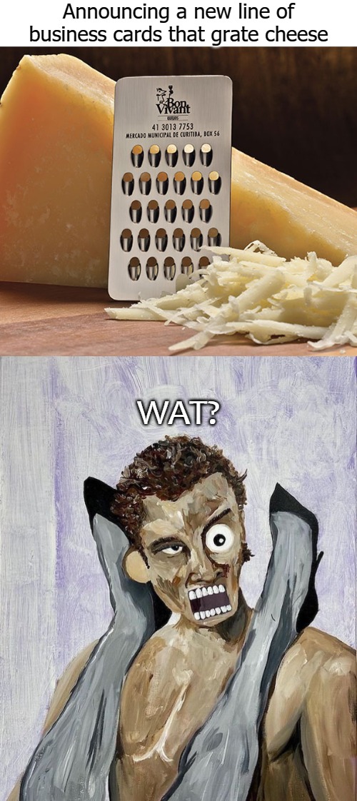 Announcing a new line of business cards that grate cheese; WAT? | image tagged in wat | made w/ Imgflip meme maker