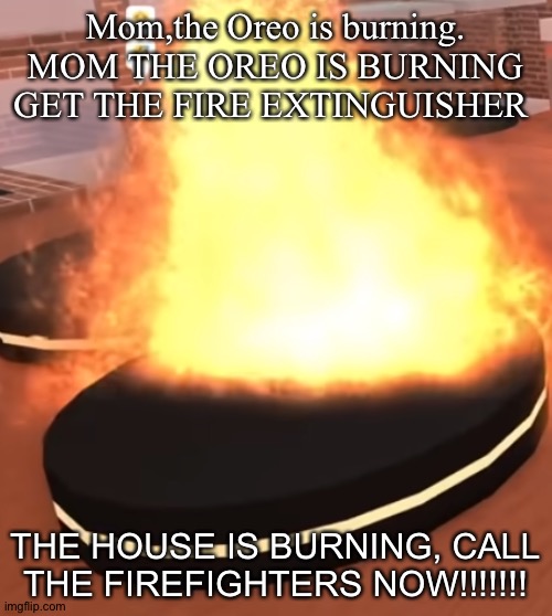 Do not try at this home | Mom,the Oreo is burning. MOM THE OREO IS BURNING GET THE FIRE EXTINGUISHER; THE HOUSE IS BURNING, CALL THE FIREFIGHTERS NOW!!!!!!! | image tagged in kawaii's flaming oreo pizza | made w/ Imgflip meme maker