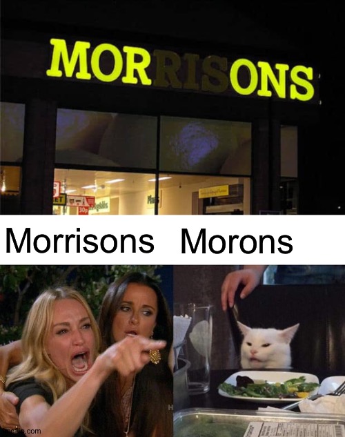 Neon sign fail:morons | Morrisons; Morons | image tagged in memes,woman yelling at cat,you had one job | made w/ Imgflip meme maker