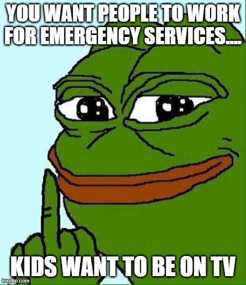 meme | YOU WANT PEOPLE TO WORK FOR EMERGENCY SERVICES.... KIDS WANT TO BE ON TV | image tagged in funny stuff | made w/ Imgflip meme maker