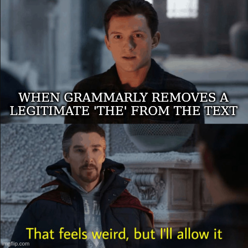 That feels weird but I'll allow it | WHEN GRAMMARLY REMOVES A LEGITIMATE 'THE' FROM THE TEXT | image tagged in that feels weird but i'll allow it | made w/ Imgflip meme maker
