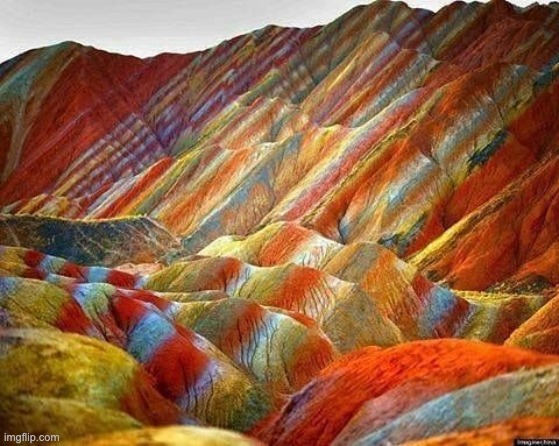 Famous image of the Zhangye Danxia Landform Geological Park in China | image tagged in cool,unfunny | made w/ Imgflip meme maker