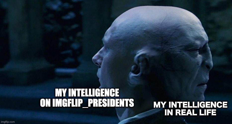 This is as smart as I get, which is not very smart | MY INTELLIGENCE ON IMGFLIP_PRESIDENTS; MY INTELLIGENCE IN REAL LIFE | image tagged in two face voldemort,memes,unfunny | made w/ Imgflip meme maker