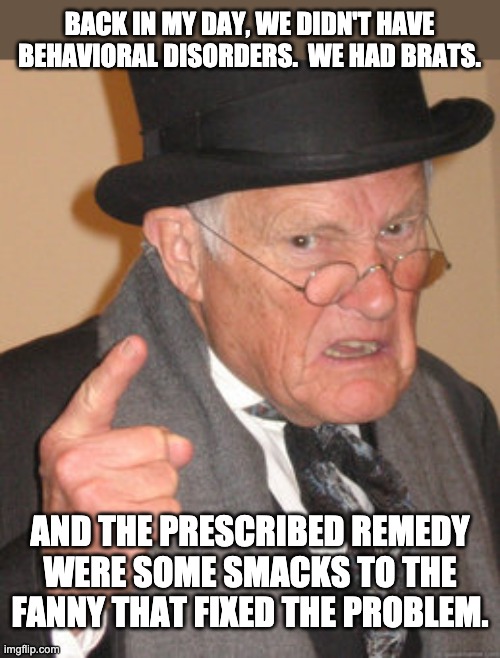 There we no time outs | BACK IN MY DAY, WE DIDN'T HAVE BEHAVIORAL DISORDERS.  WE HAD BRATS. AND THE PRESCRIBED REMEDY WERE SOME SMACKS TO THE FANNY THAT FIXED THE PROBLEM. | image tagged in memes,back in my day | made w/ Imgflip meme maker