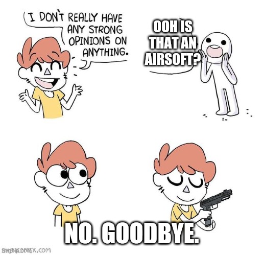 Is that an Airsoft??? | OOH IS THAT AN AIRSOFT? NO. GOODBYE. | image tagged in i don't really have strong opinions | made w/ Imgflip meme maker