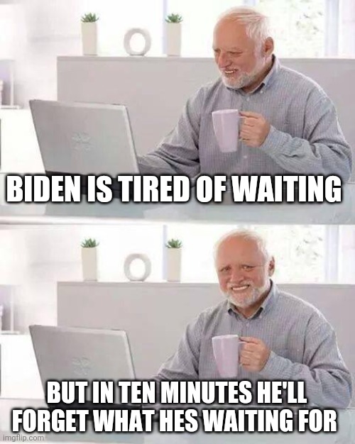 Buck Fiden | BIDEN IS TIRED OF WAITING; BUT IN TEN MINUTES HE'LL FORGET WHAT HES WAITING FOR | image tagged in memes,hide the pain harold | made w/ Imgflip meme maker