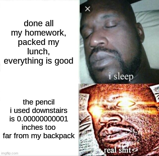 who relates | done all my homework, packed my lunch, everything is good; the pencil i used downstairs is 0.00000000001 inches too far from my backpack | image tagged in memes,sleeping shaq | made w/ Imgflip meme maker