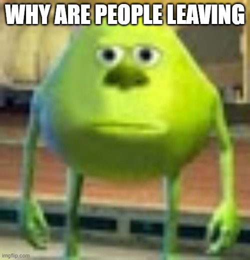 Sully Wazowski | WHY ARE PEOPLE LEAVING | image tagged in sully wazowski | made w/ Imgflip meme maker