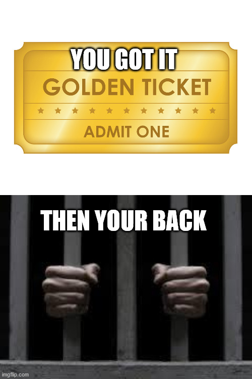 To good to be true | YOU GOT IT; THEN YOUR BACK | image tagged in golden ticket,jail | made w/ Imgflip meme maker