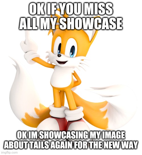 yes nonstop showcase of new image | OK IF YOU MISS ALL MY SHOWCASE; OK IM SHOWCASING MY IMAGE ABOUT TAILS AGAIN FOR THE NEW WAY | image tagged in tails,tails the fox | made w/ Imgflip meme maker
